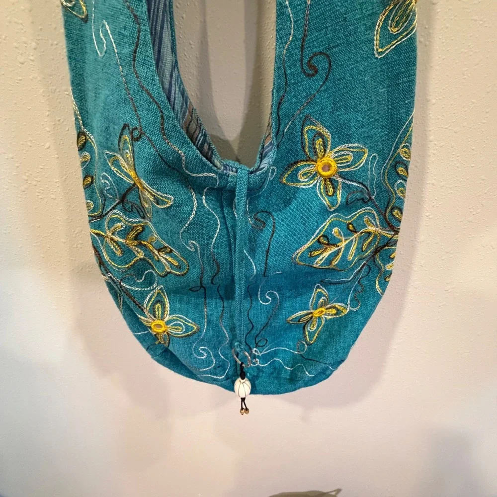 Rising International Hobo Bag Women Teal Embroidered Floral Boho Nepal Hippie